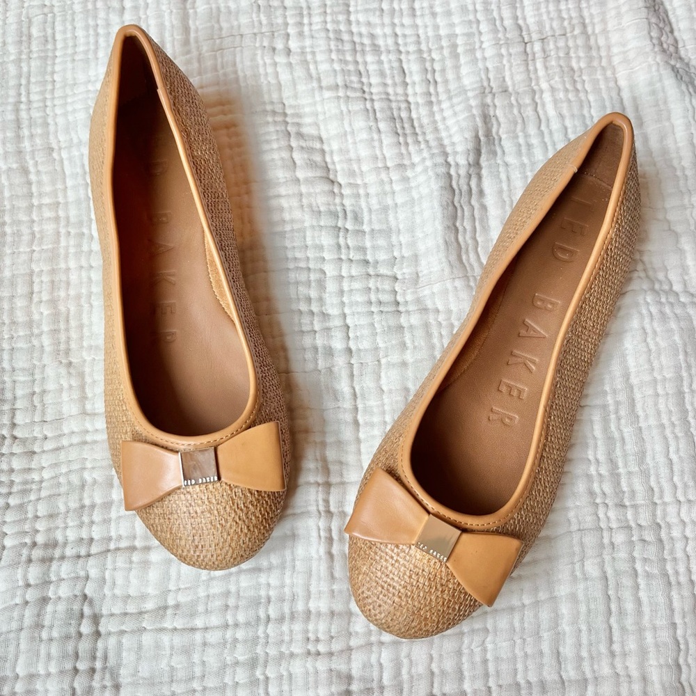 Ted Baker | Natural Tan Raffia Woven Sualli Ballet Bow Flats NWOT